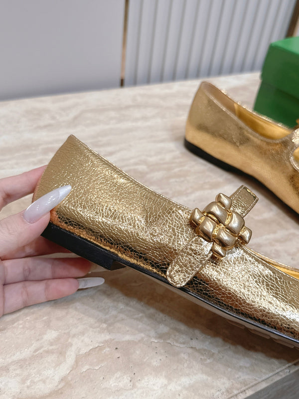 BV Charlotte Mary Jane Flat Gold Cowhide Leather 954582