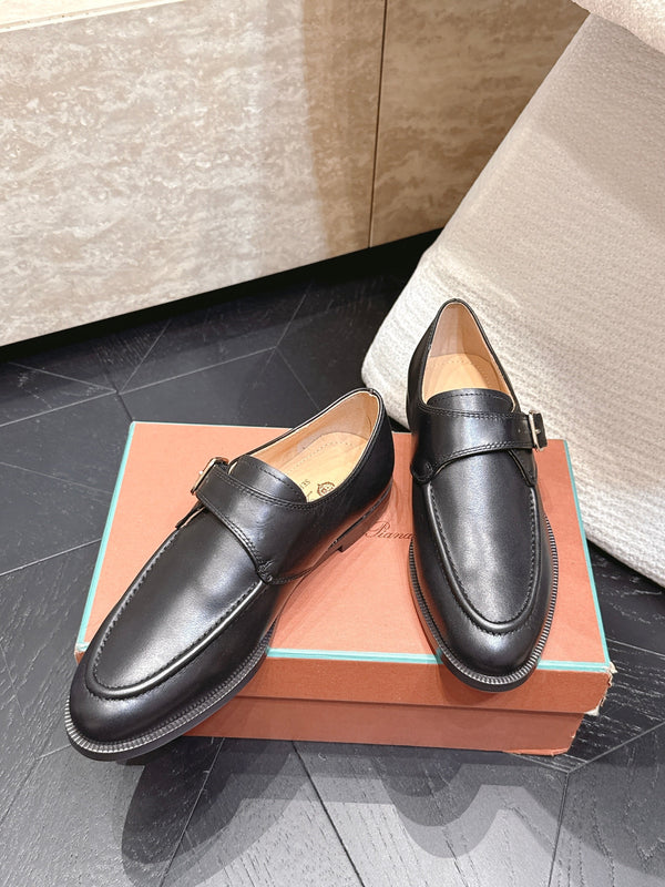 LP Single Monk Strap Loafers Buckle Black Leather 954479