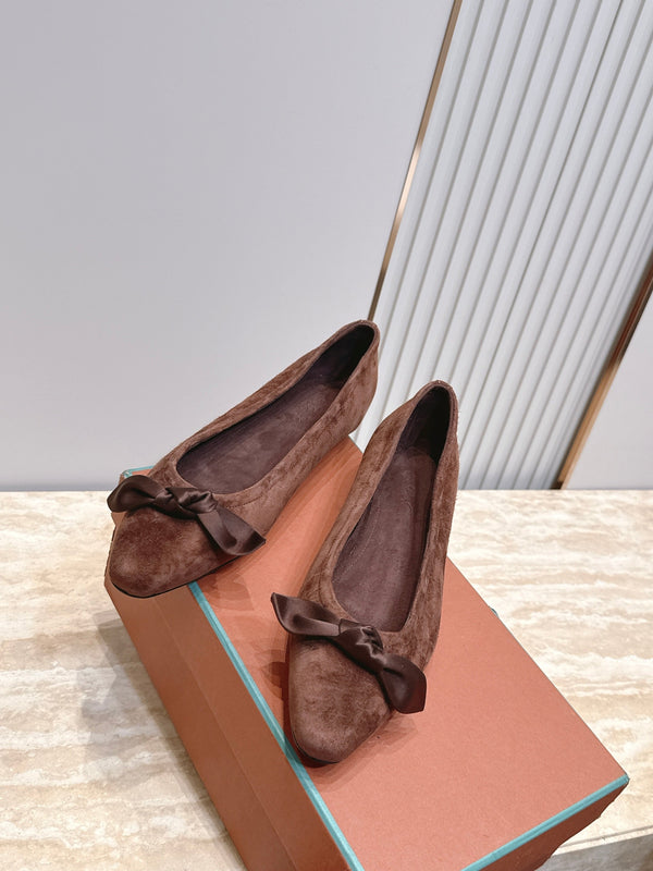 LP Primula Pointed-Toe Ballet Flats Silk Bow Brown Suede 954478