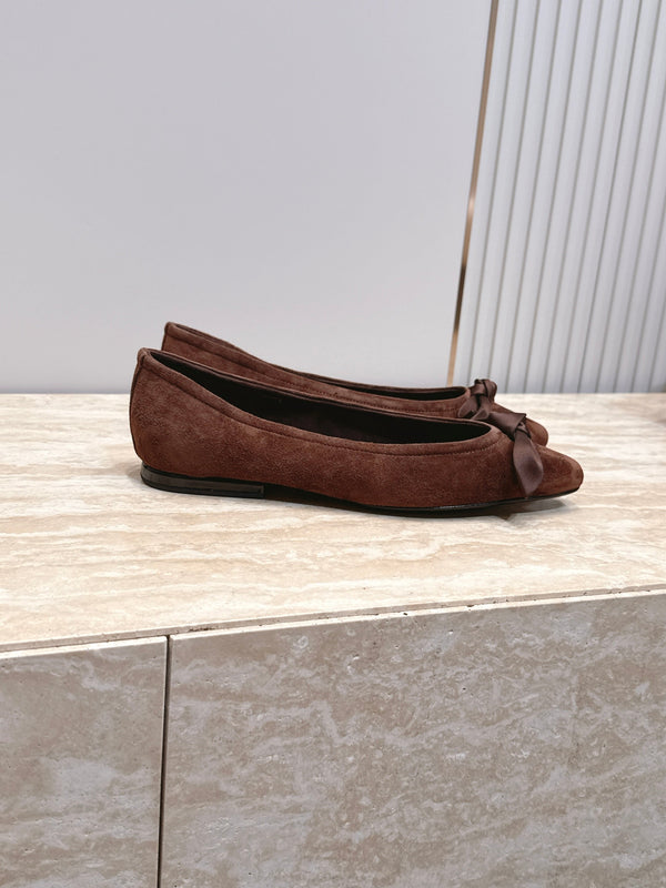 LP Primula Pointed-Toe Ballet Flats Silk Bow Brown Suede 954478