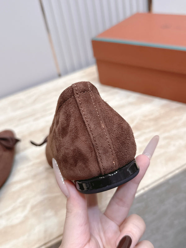 LP Primula Pointed-Toe Ballet Flats Silk Bow Brown Suede 954478