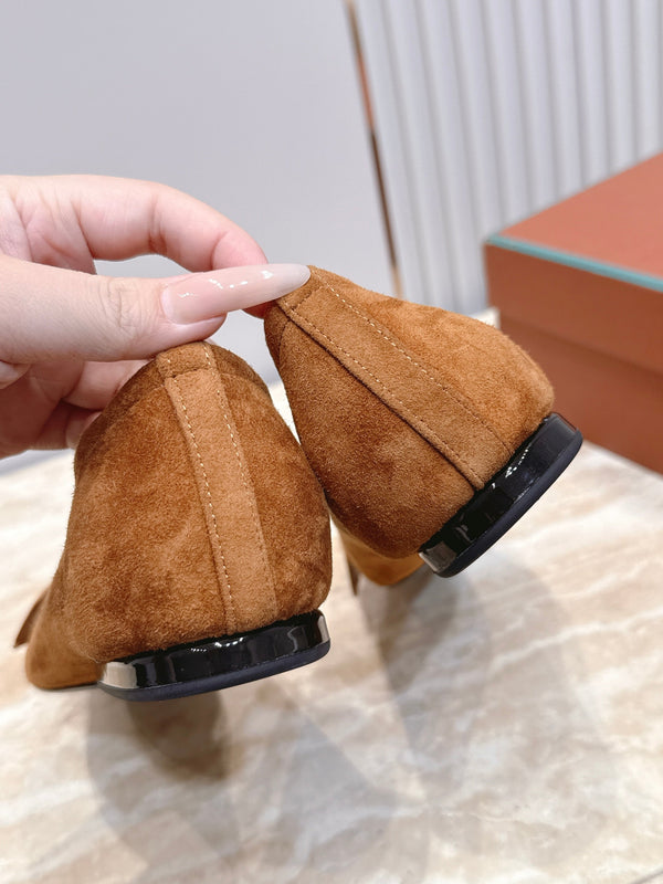 LP Primula Pointed-Toe Ballet Flats Silk Bow Dark Brown Suede 954474