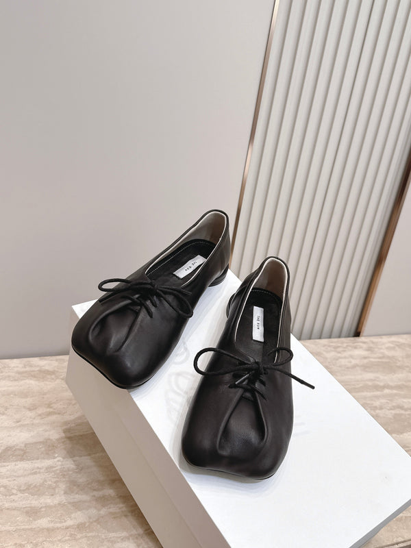 TR Lace-Up Ballet Flats Square Toe Black Leather 954412