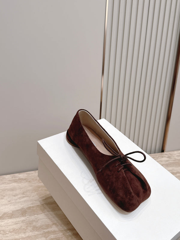 TR Lace-Up Ballet Flats Square Toe Dark Brown Suede 954410