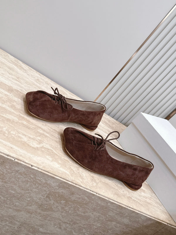 TR Lace-Up Ballet Flats Square Toe Dark Brown Suede 954410