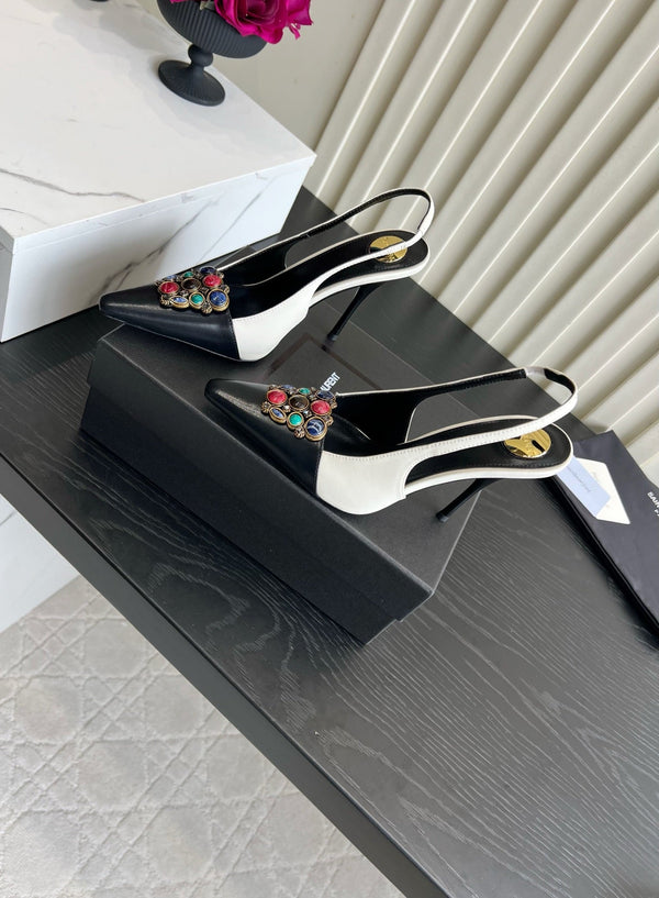 YSL Iceland Slingback Pumps 10CM Crystal Embellishment Black White Leather 956515