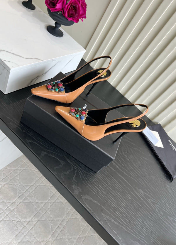 YSL Iceland Slingback Pumps 10CM Crystal Embellishment Brown Leather 956514