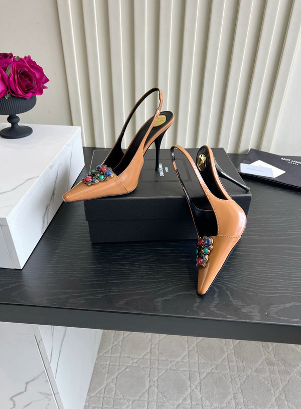 YSL Iceland Slingback Pumps 10CM Crystal Embellishment Brown Leather 956514