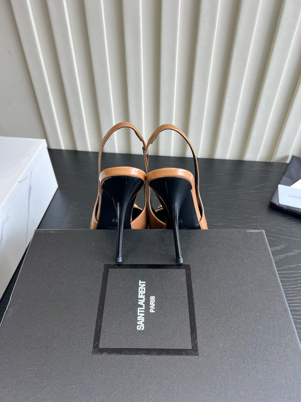 YSL Iceland Slingback Pumps 10CM Crystal Embellishment Brown Leather 956514