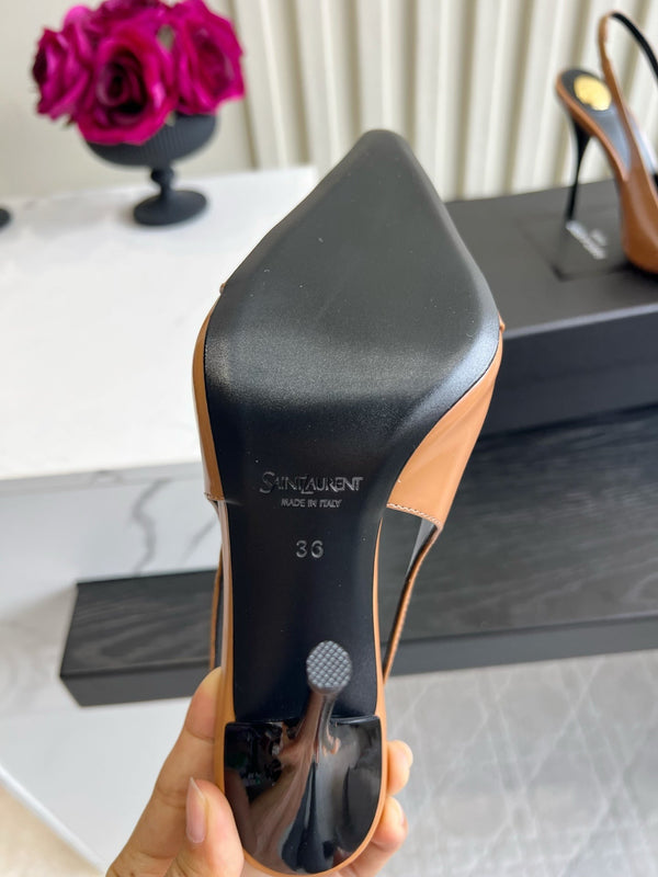 YSL Iceland Slingback Pumps 10CM Crystal Embellishment Brown Leather 956514