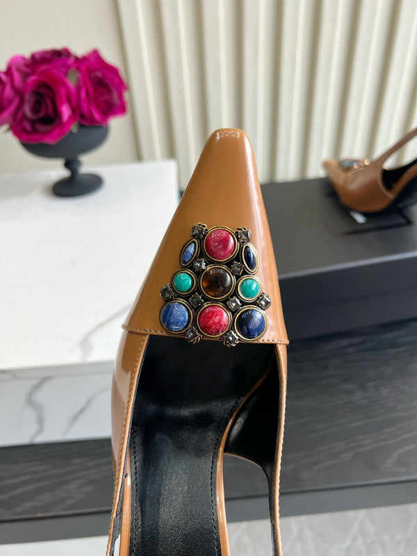 YSL Iceland Slingback Pumps 10CM Crystal Embellishment Brown Leather 956514