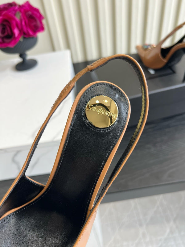 YSL Iceland Slingback Pumps 10CM Crystal Embellishment Brown Leather 956514