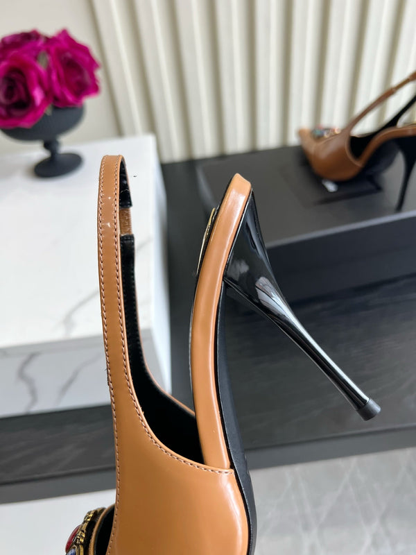 YSL Iceland Slingback Pumps 10CM Crystal Embellishment Brown Leather 956514