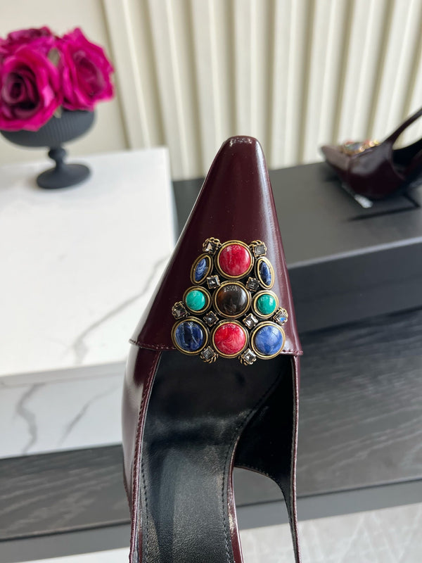 YSL Iceland Slingback Pumps 10CM Crystal Embellishment Burgundy Leather 956513