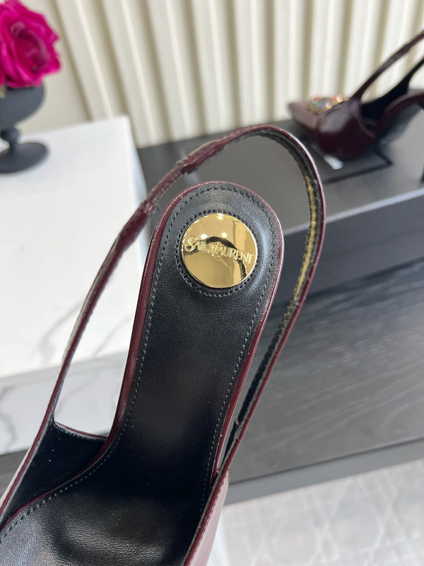 YSL Iceland Slingback Pumps 10CM Crystal Embellishment Burgundy Leather 956513