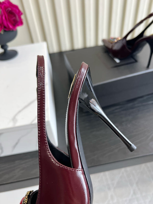 YSL Iceland Slingback Pumps 10CM Crystal Embellishment Burgundy Leather 956513