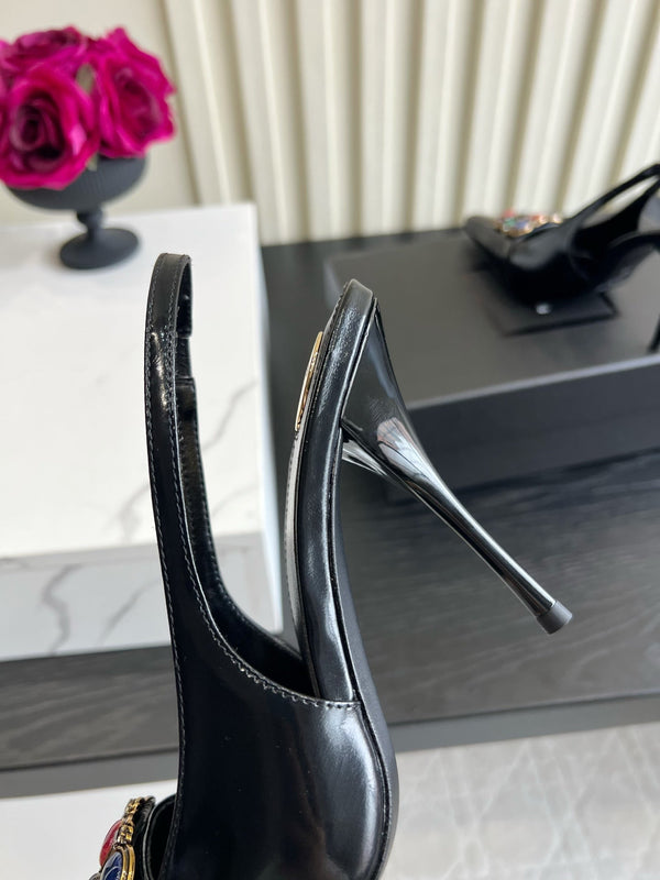 YSL Iceland Slingback Pumps 10CM Crystal Embellishment Black Leather 956512