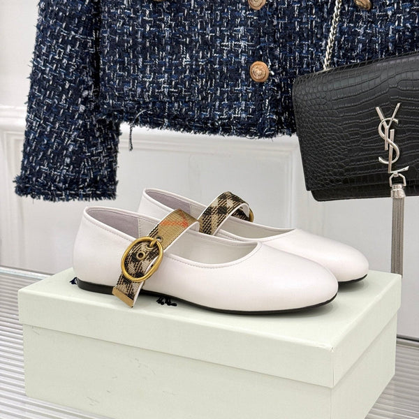 Burberry Robin Mary Jane Flats Check Strap White Leather 956171