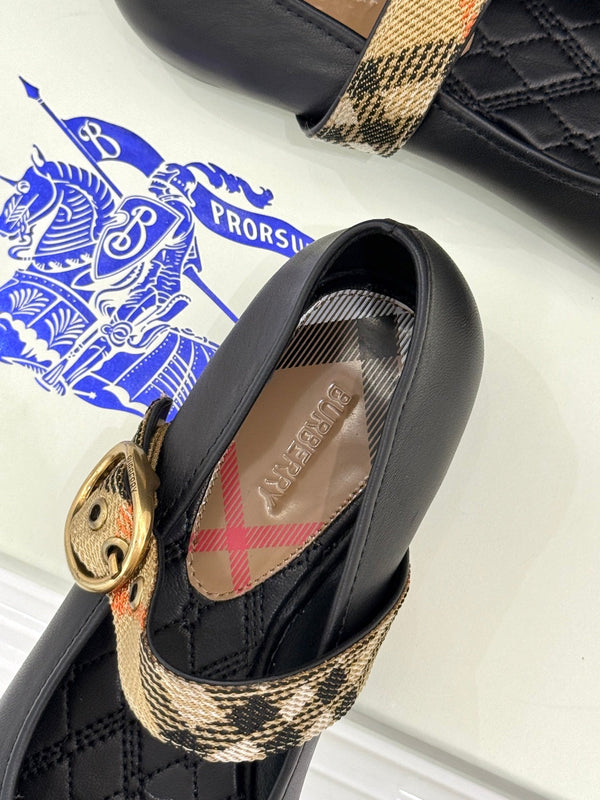 Burberry Robin Mary Jane Flats Check Strap Black Leather 956170