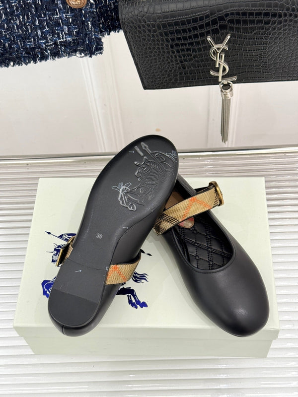 Burberry Robin Mary Jane Flats Check Strap Black Leather 956170