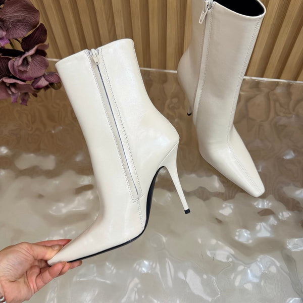 YSL Pointed-Toe Stiletto Ankle Boots 8CM White Leather 955834