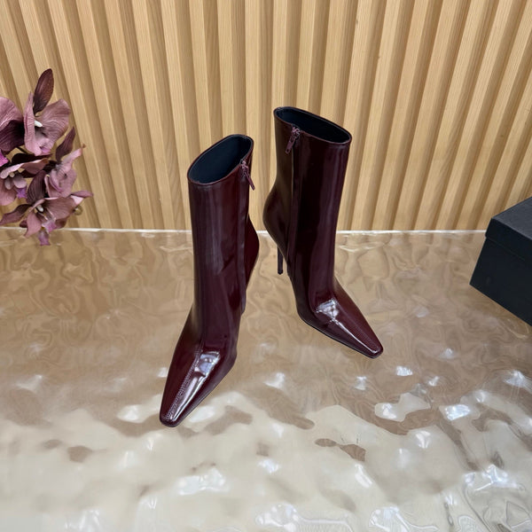 YSL Pointed-Toe Stiletto Ankle Boots 8CM Burgundy Leather 955833