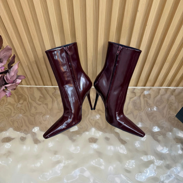 YSL Pointed-Toe Stiletto Ankle Boots 8CM Burgundy Leather 955833
