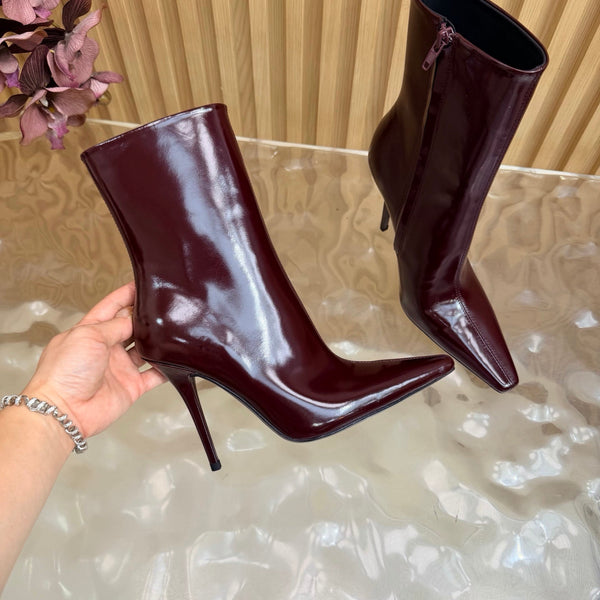YSL Pointed-Toe Stiletto Ankle Boots 8CM Burgundy Leather 955833