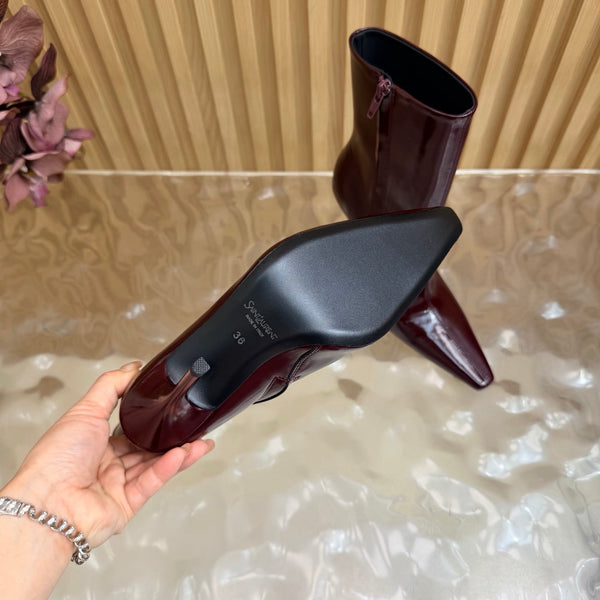 YSL Pointed-Toe Stiletto Ankle Boots 8CM Burgundy Leather 955833