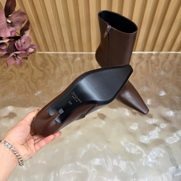 YSL Pointed-Toe Stiletto Ankle Boots 8CM Brown Leather 955832