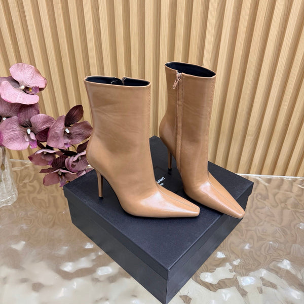 YSL Pointed-Toe Stiletto Ankle Boots 8CM Beige Leather 955830
