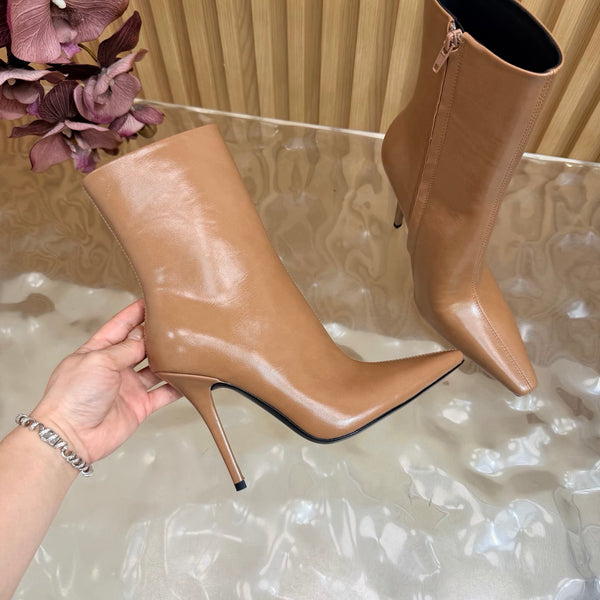 YSL Pointed-Toe Stiletto Ankle Boots 8CM Beige Leather 955830