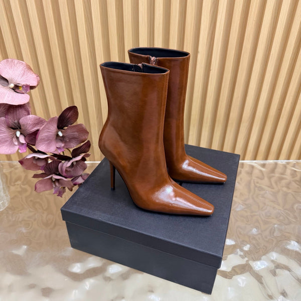 YSL Pointed-Toe Stiletto Ankle Boots 8CM Dark Brown Leather 955829