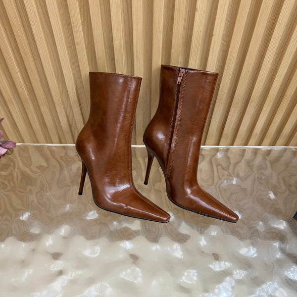 YSL Pointed-Toe Stiletto Ankle Boots 8CM Dark Brown Leather 955829