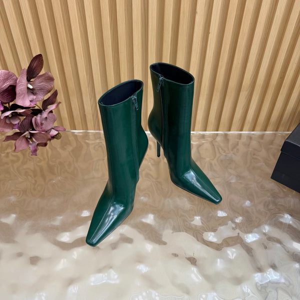 YSL Pointed-Toe Stiletto Ankle Boots 8CM Dark Green Leather 955828