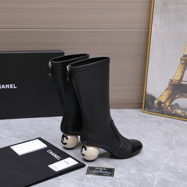 CC 26s Mid-Calf Boots Pearl Ball Heel 6.5CM Black Calfskin 961584