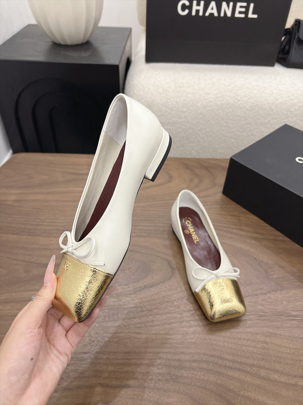 CC Square-Toe Ballet Flats White Gold Lambskin 961514