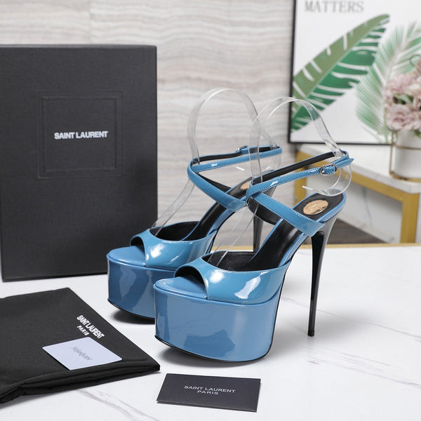 YSL Kika Platform Sandals Stiletto Heel Blue Patent Leather 961643