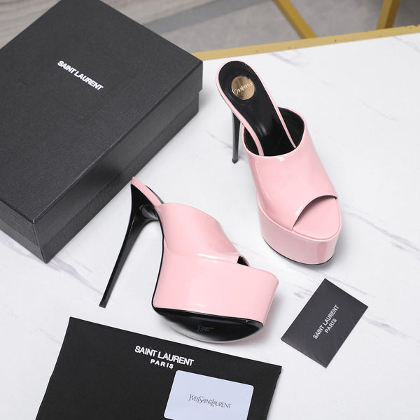 YSL Platform Mules Stiletto Heel Pink Patent Leather 961636