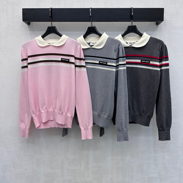 Miu Striped Knit Sweater Peter Pan Collar Wool 418716