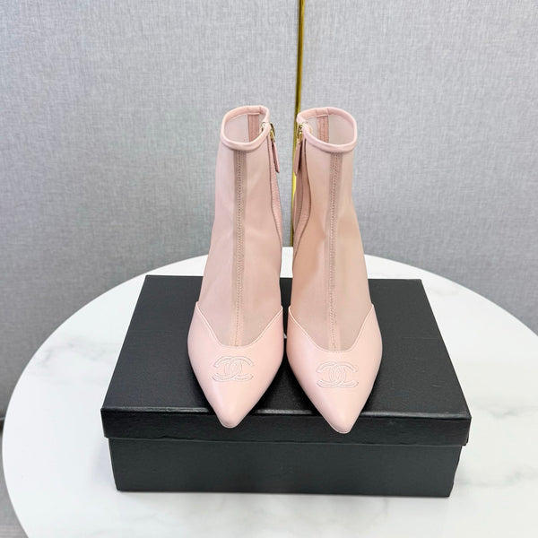 CC 26s Pointed-Toe Stiletto Ankle Boots Pink Sheepskin Mesh 972789