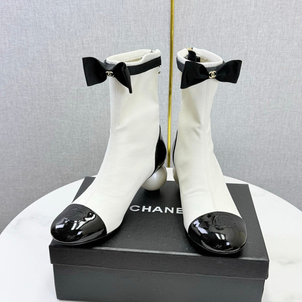 CC Mid-Calf Boots Pearl Ball Heel Bow Ivory Black Leather 972796