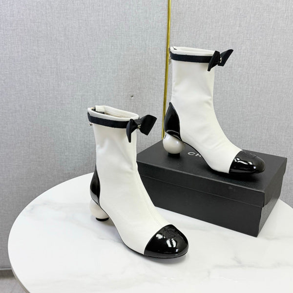 CC Mid-Calf Boots Pearl Ball Heel Bow Ivory Black Leather 972796