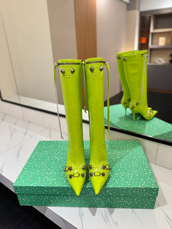 BLC Cagole Knee-High Boots 9.5cm Neon Green Leather 985499