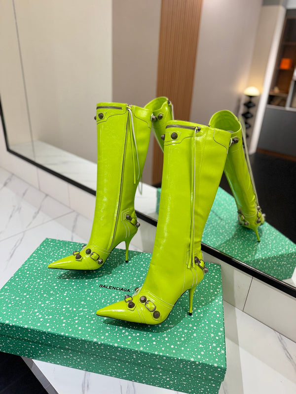 BLC Cagole Knee-High Boots 9.5cm Neon Green Leather 985499