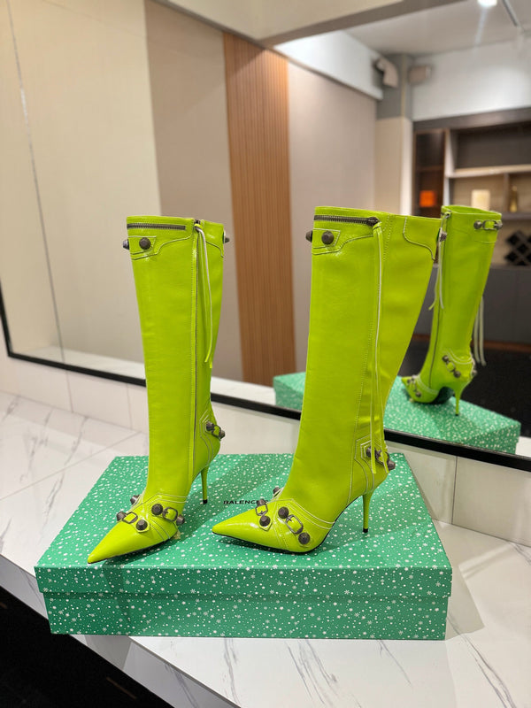 BLC Cagole Knee-High Boots 9.5cm Neon Green Leather 985499