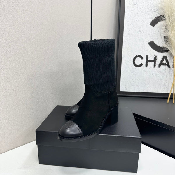 CC Mid-Calf Sock Boots Black Suede Stretch Knit 985658