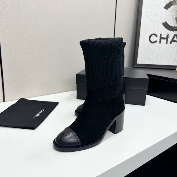 CC Mid-Calf Sock Boots Black Suede Stretch Knit 985658