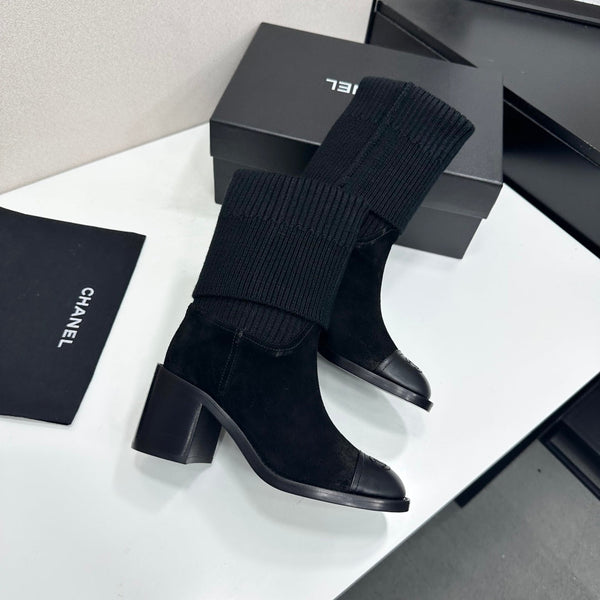 CC Mid-Calf Sock Boots Black Suede Stretch Knit 985658