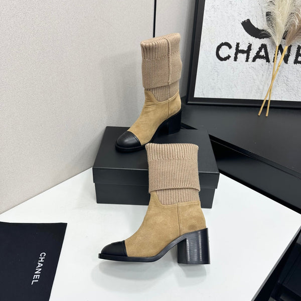 CC Mid-Calf Sock Boots Black Beige Suede Stretch Knit 985657